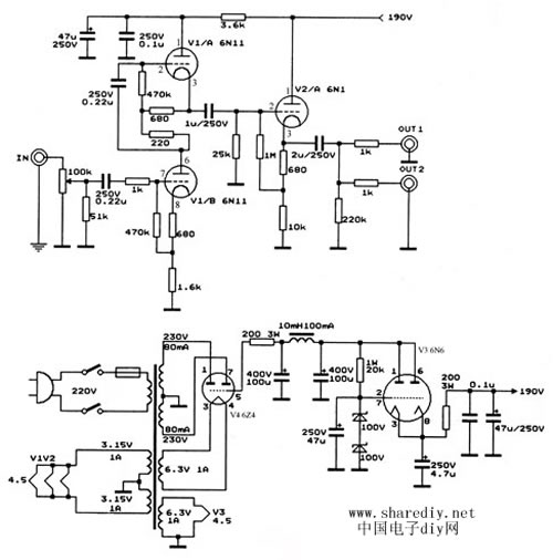 用6n11+6n1电子管制作的胆前级放大器