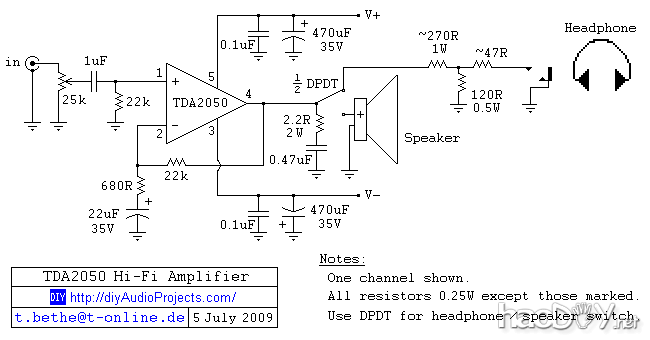 DIY HI-FI功放电路图TDA2050 德国译文:DIY TDA2050 IC的Hi-Fi芯片放大器功放