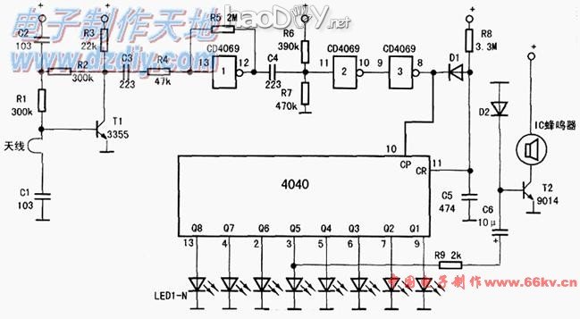 自制CD4040手机电磁辐射演示实验电路