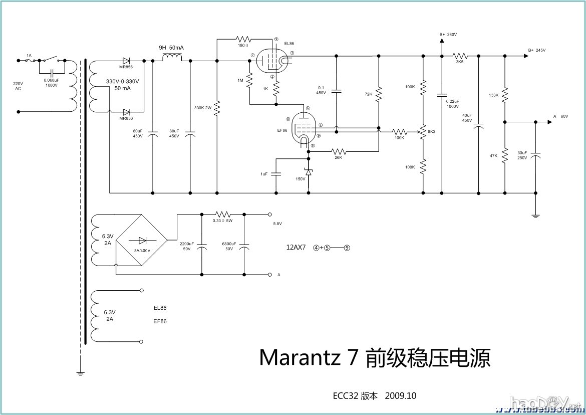稳压电源马兰士Marantz7线路胆机前级唱放唱头放大器附电线路图纸