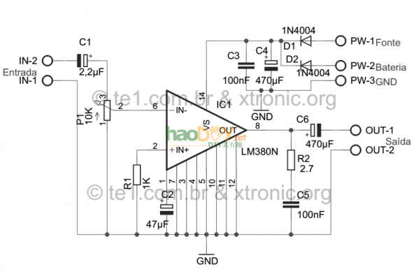 版面595x392 LM380音频放大电路音频功放电路采用LM380集成电路音频放大器电路 采用LM380制作的音频功率放大器